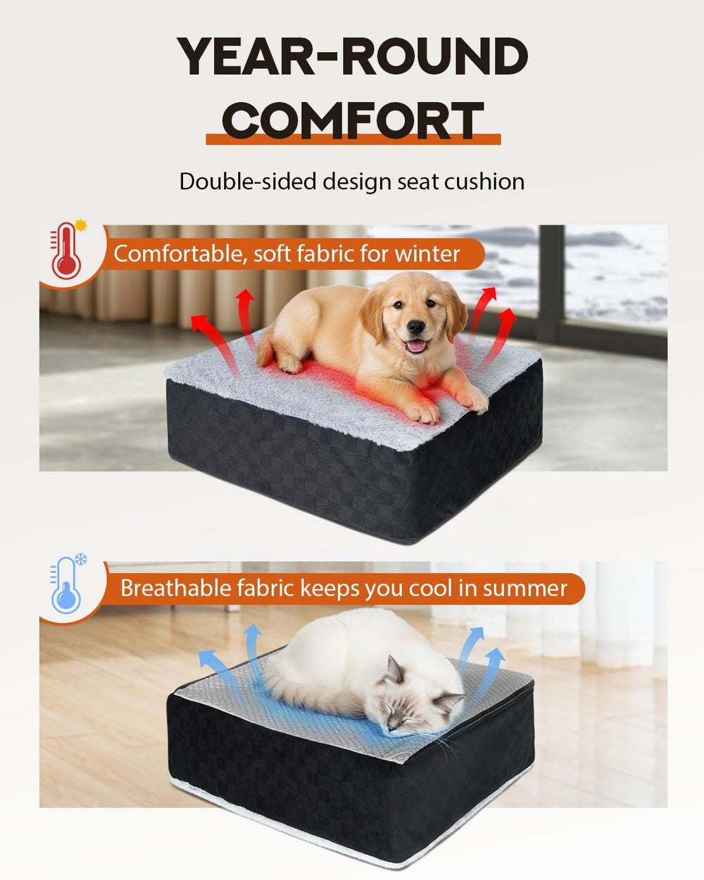 PHCOHIDO dog car seat with all-season cushion for year-round comfort.