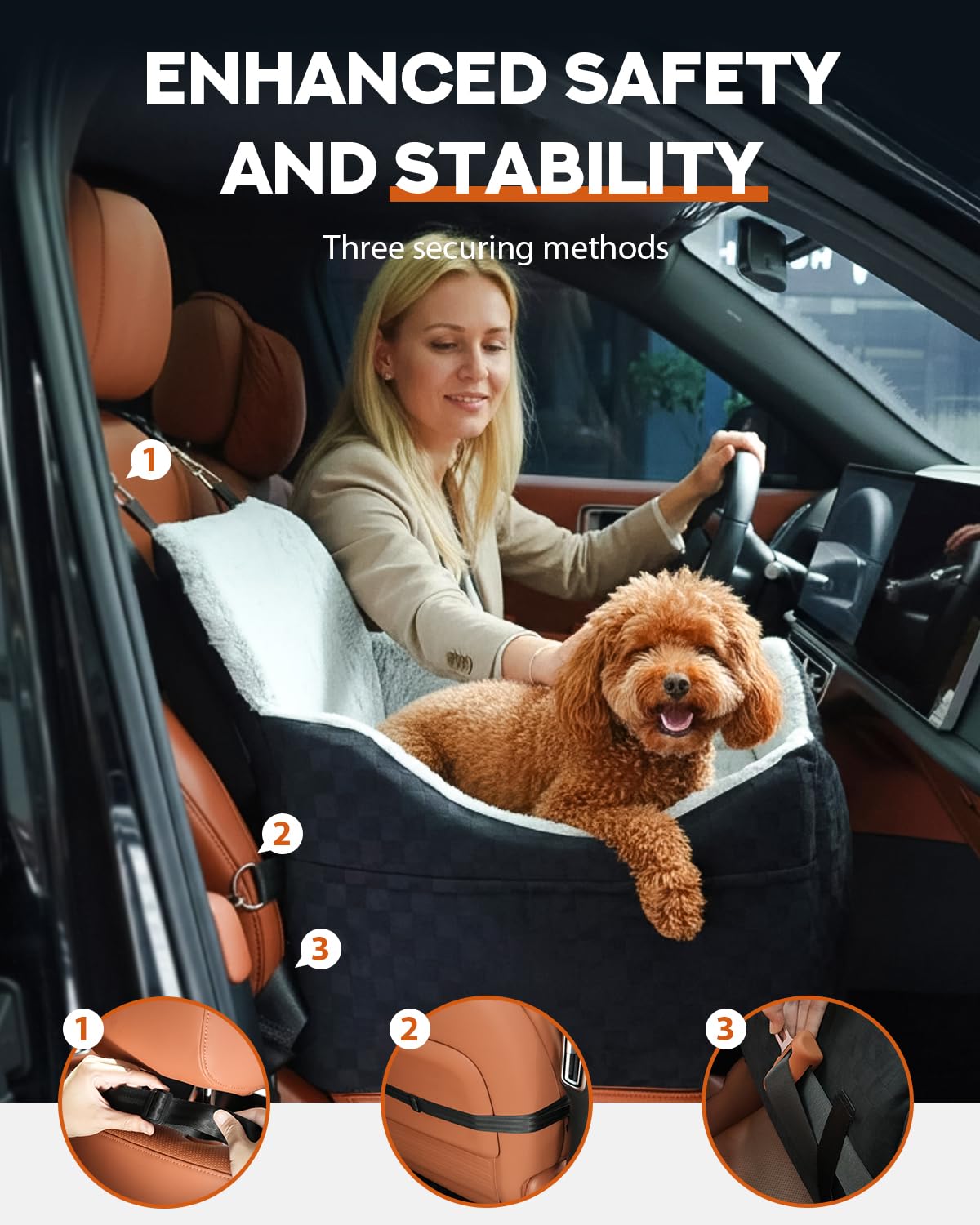 PHCOHIDO dog car seat features detachable washable cover and waterproof liner.