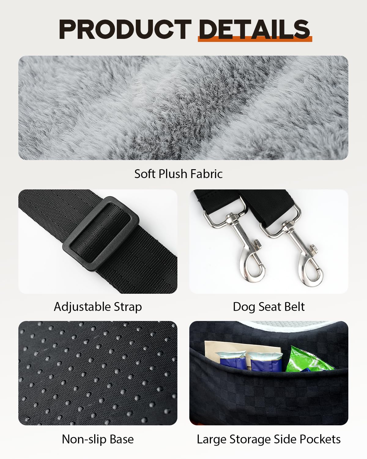 PHCOHIDO dog car seat installation steps with seatbelt and top strap.