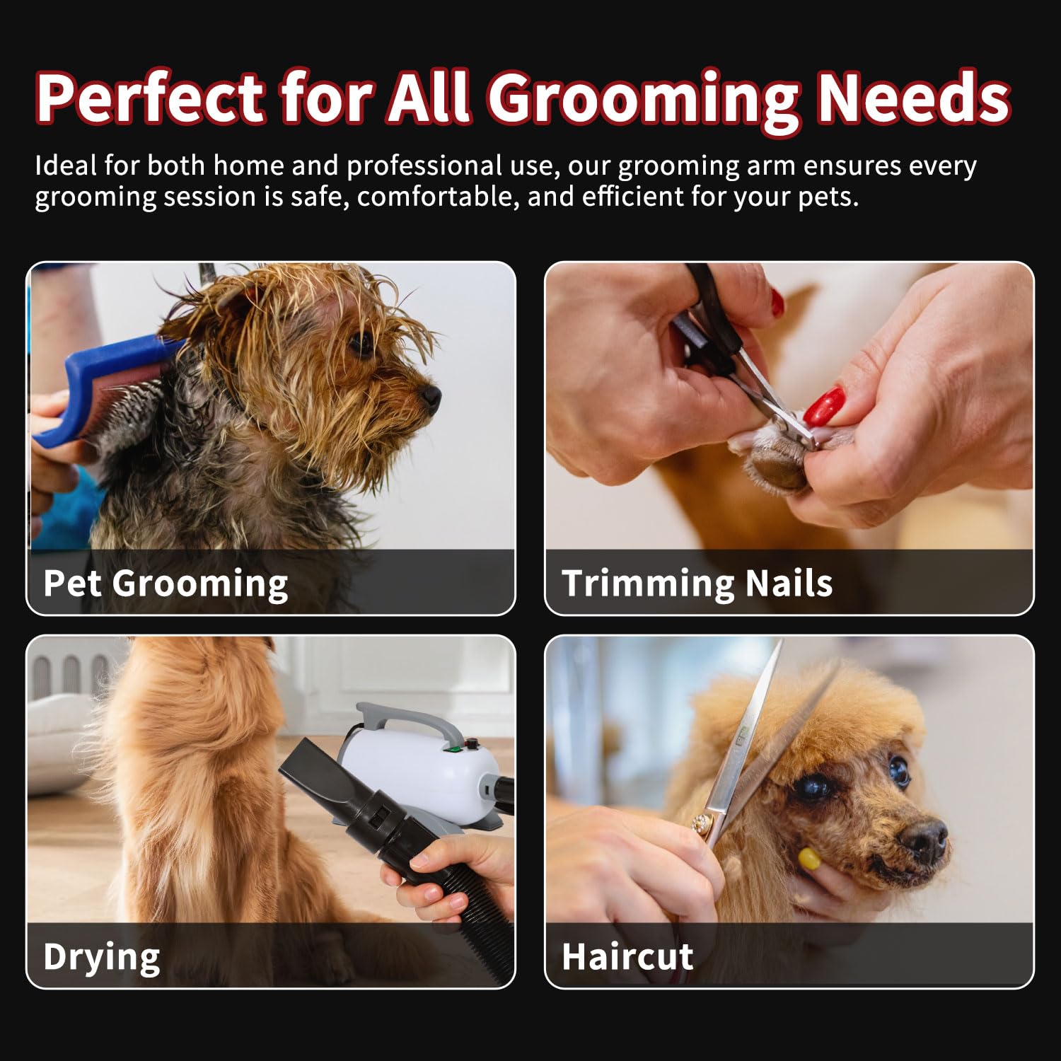 Phenfor three-hook arm angled at 93 degrees for efficient grooming.
