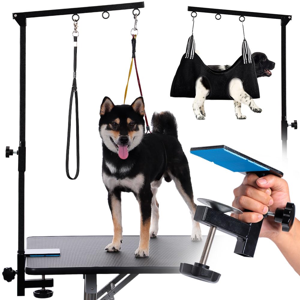 Phenfor dog grooming table arm hammock setup enabling hands-free grooming sessions.