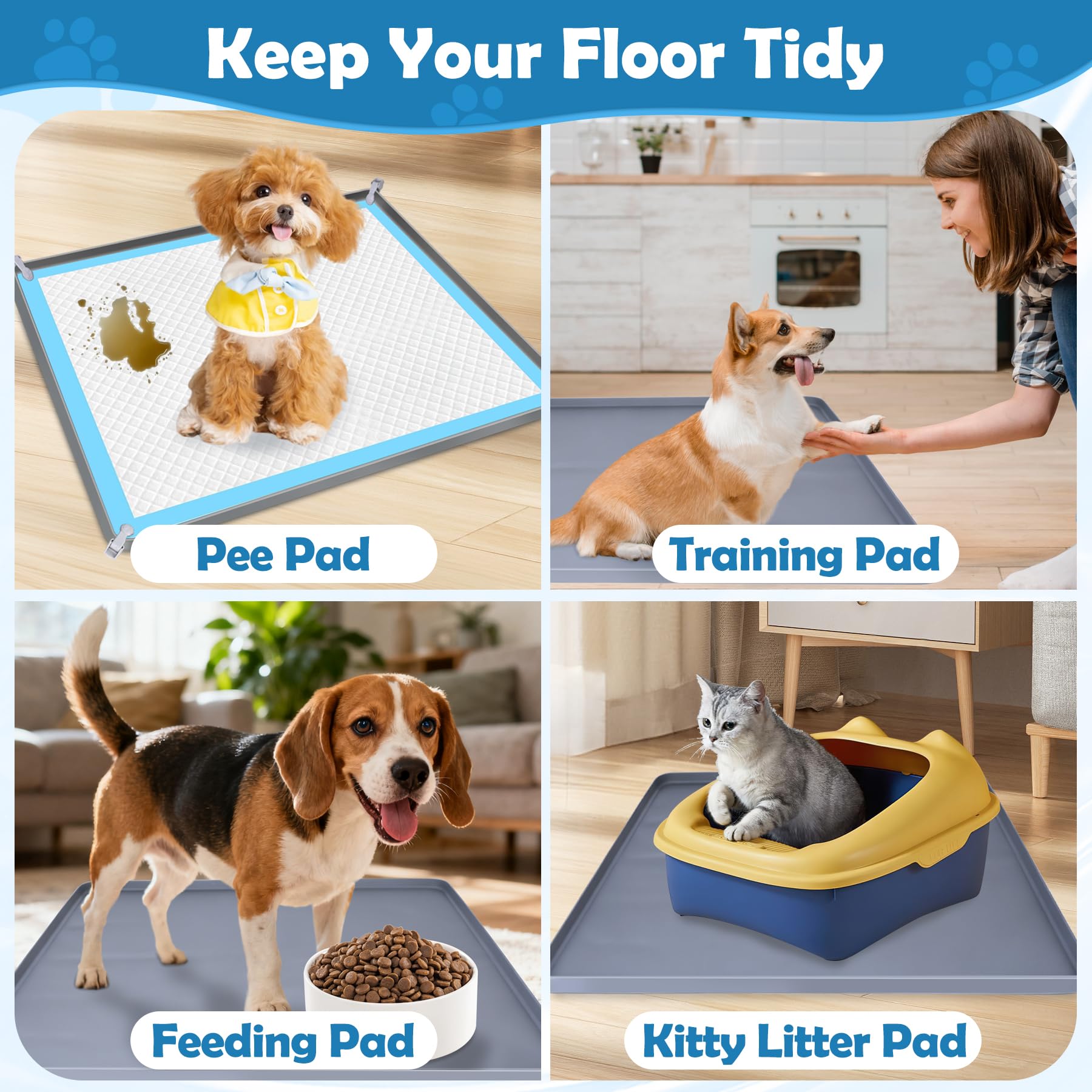 Phepetroll dog-potty-tray-multi-use-mat illustrates versatile floor protection in various spots.