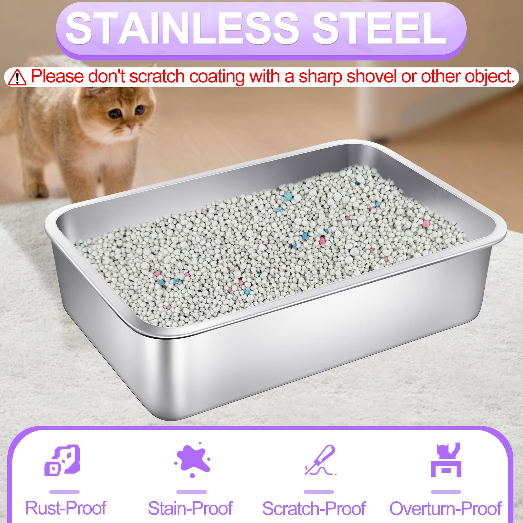 Phepetroll stainless steel cat litter box entry demonstrates low-entry design for easy access.