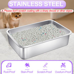 Phepetroll stainless steel cat litter box entry demonstrates low-entry design for easy access.