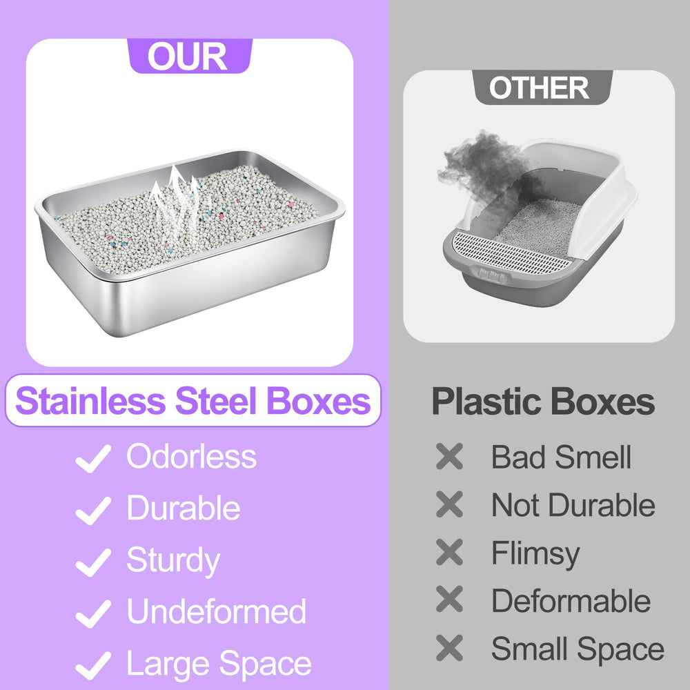 Phepetroll stainless steel cat litter box rounded corners emphasize safety during handling.