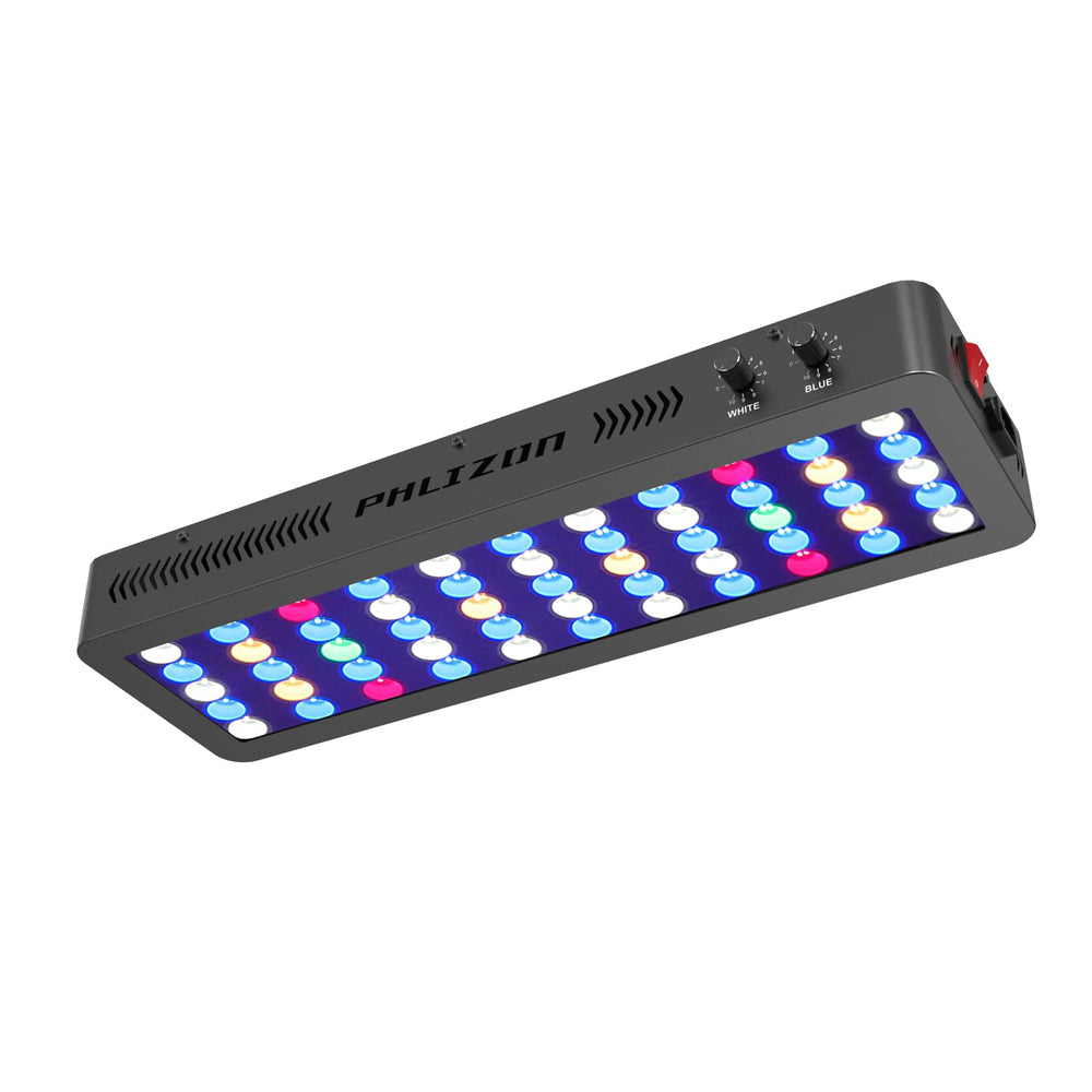 Phlizon 165W dimmable full spectrum light, front view, enhances tank brightness for vibrant corals.