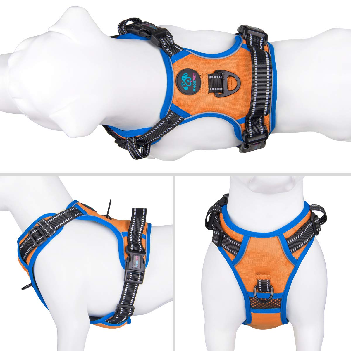 PHOEPET large-breed harness side view shows dual leash rings.