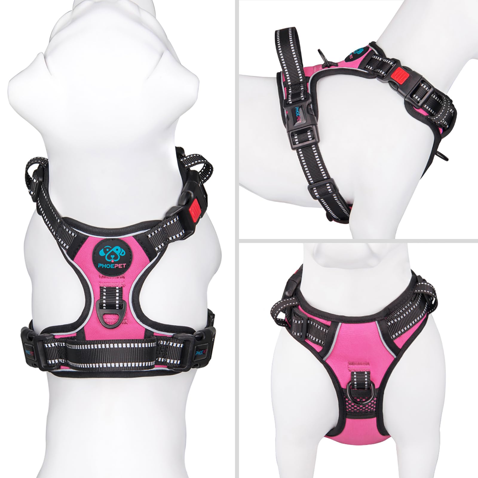 PHOEPET front-leash-attachment demonstrates front leash loop to reduce pulling during walks.