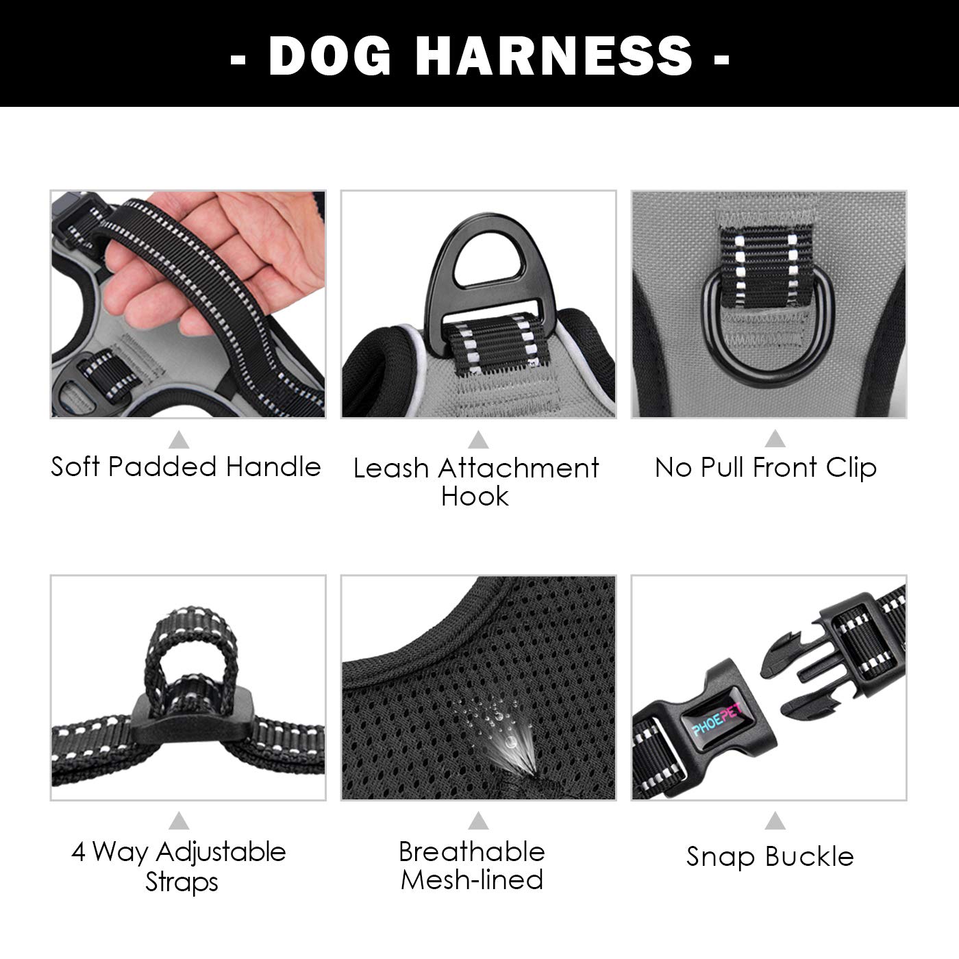 PHOEPET harness with reflective strips improves night visibility.