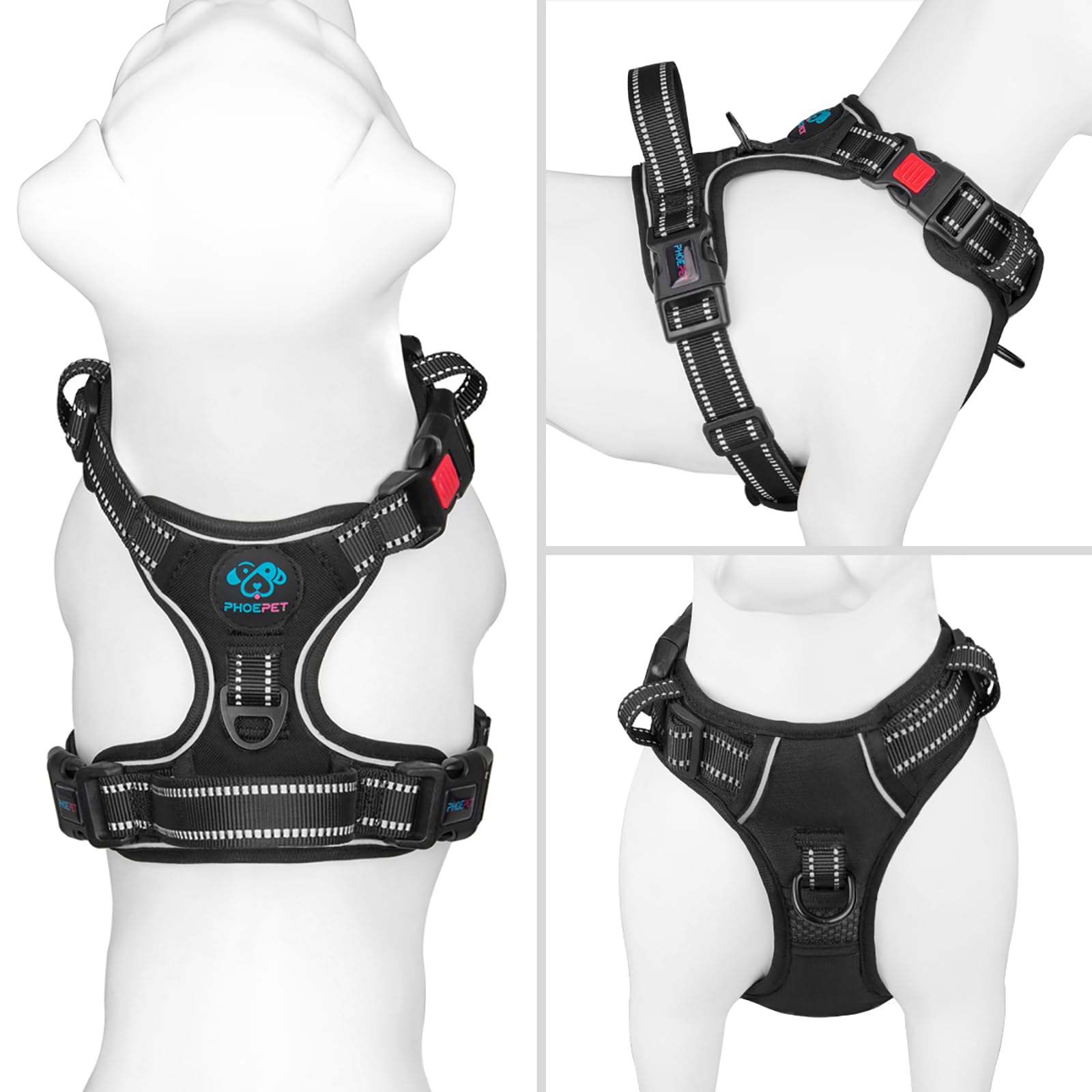 PHOEPET No Pull harness back clip provides stable control for daily walks.
