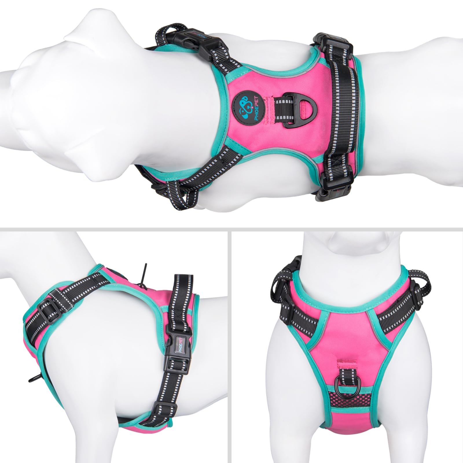 PHOEPET no-pull harness back view pink showing secure fit and handle