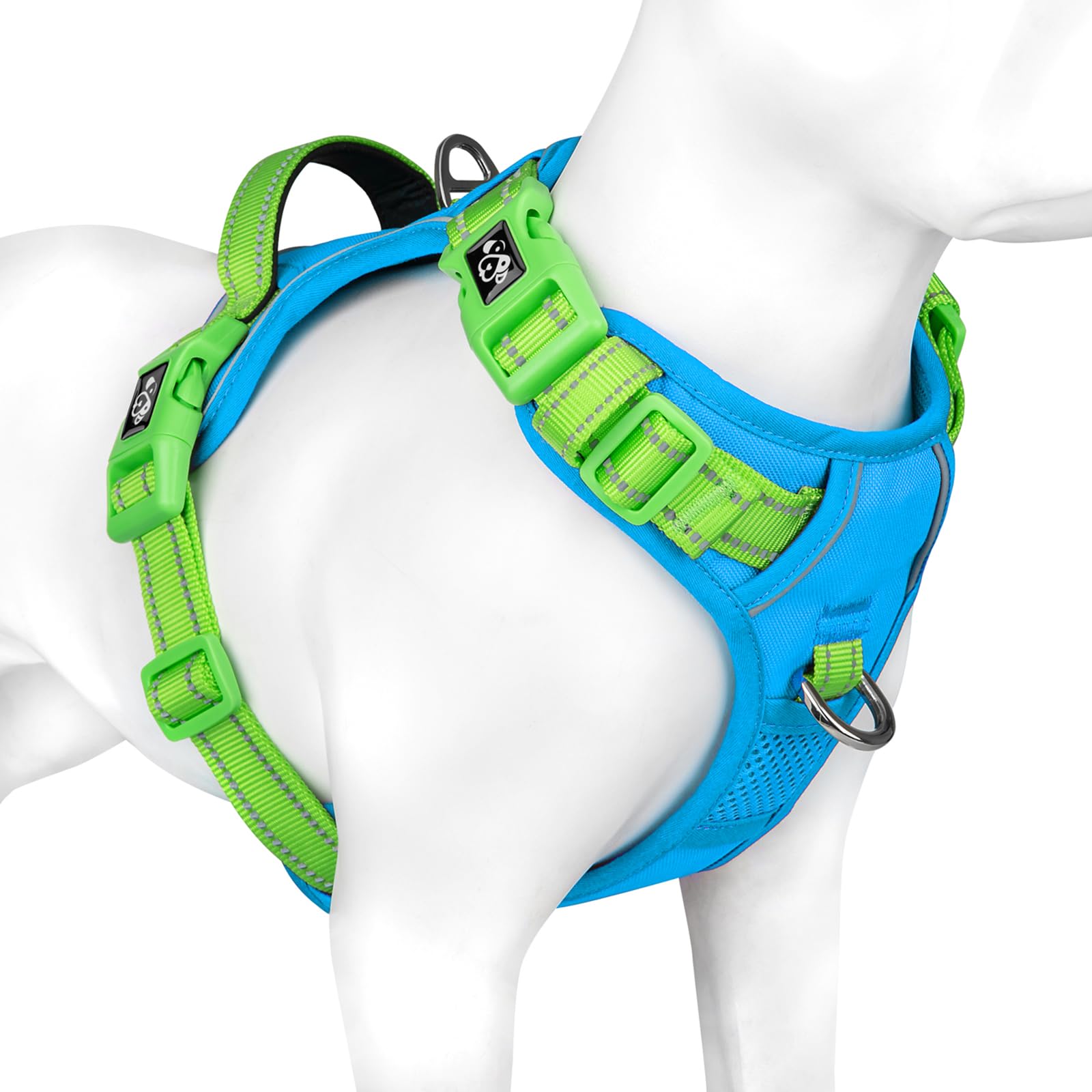PHOEPET No Pull Harness on blue base with green straps for easy daily walks.