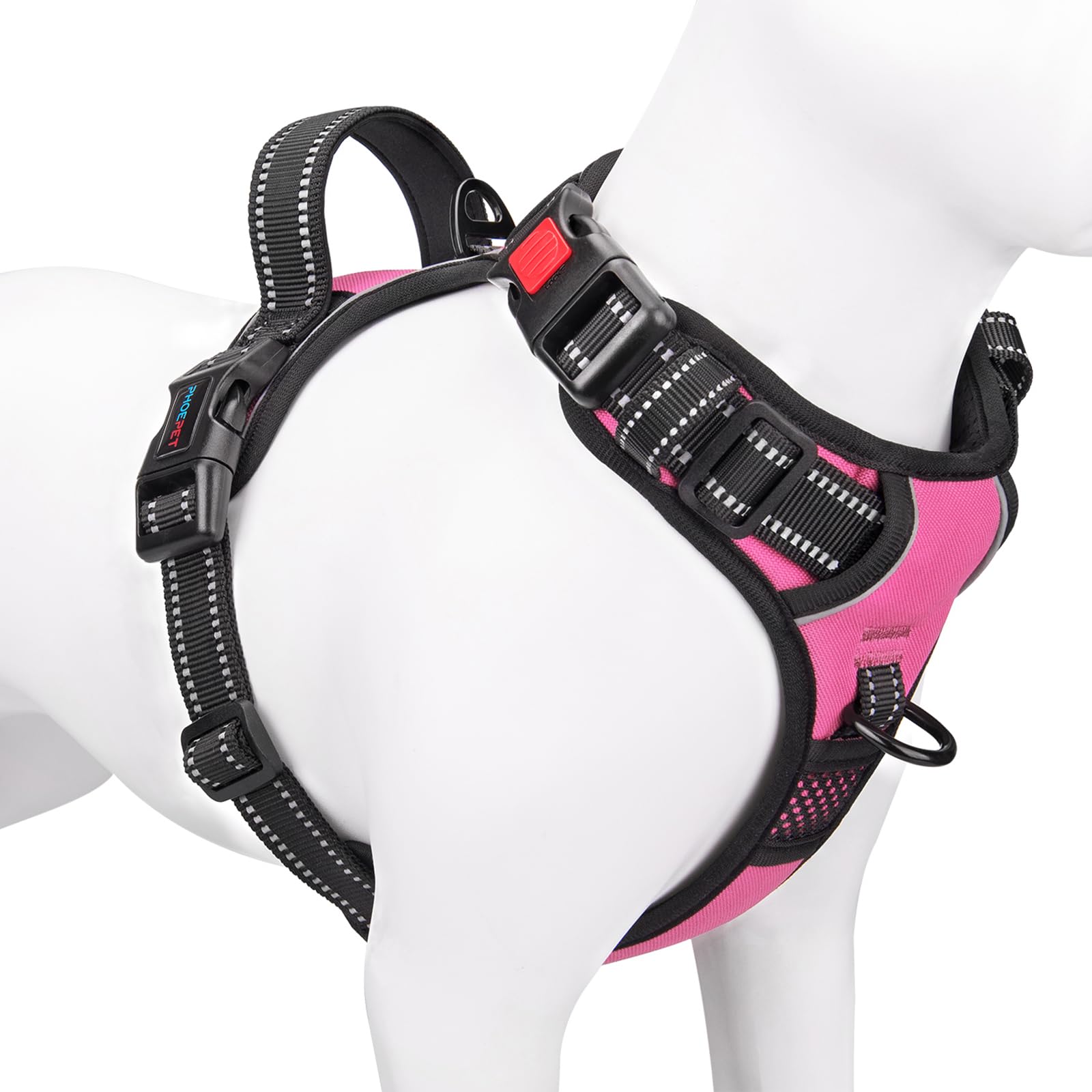 PHOEPET reflective harness for large breeds in pink improves visibility during dusk walks.