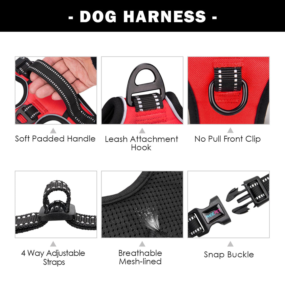 PHOEPET Reflective Harness XL red chest-buckle area demonstrating secure front-leash option