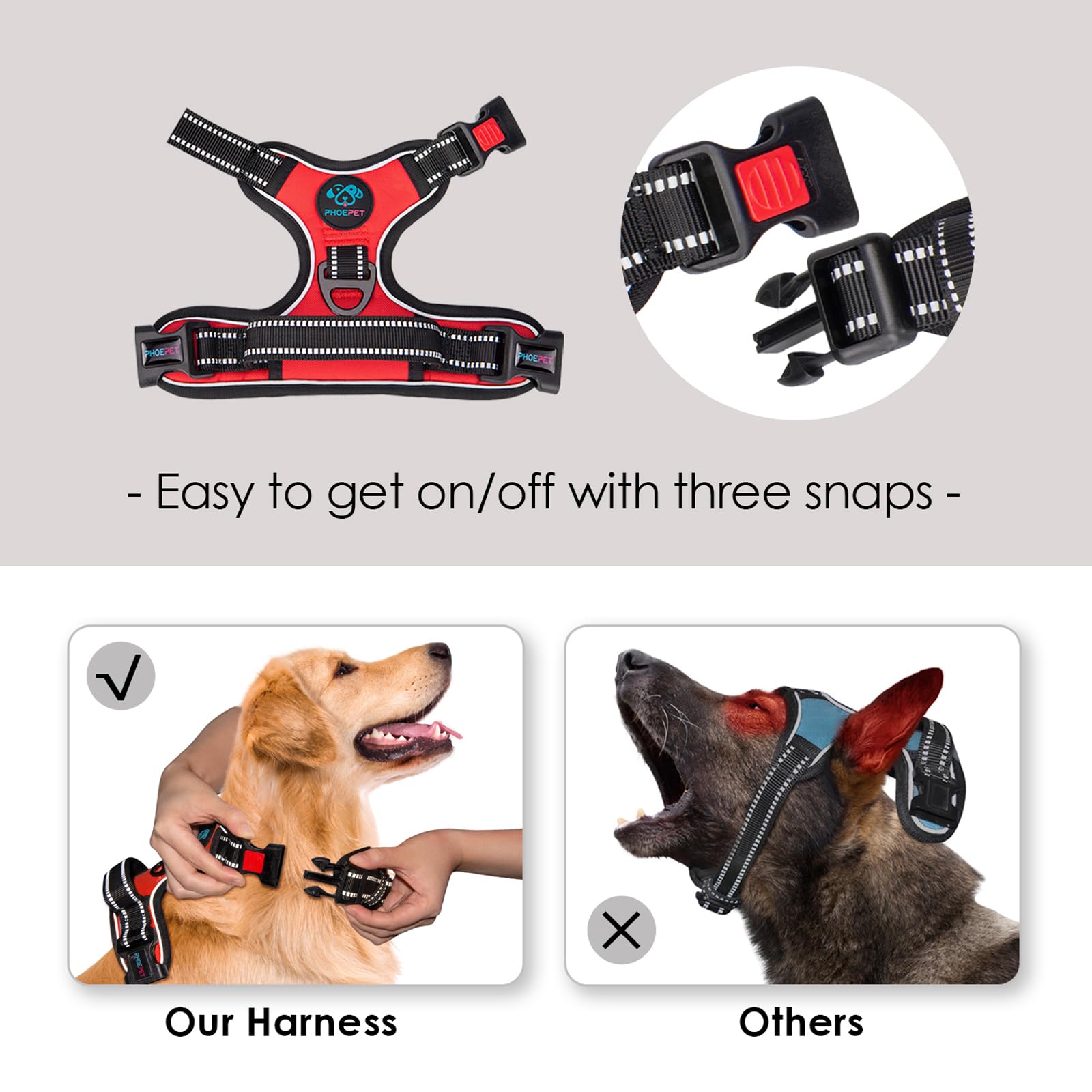 PHOEPET Reflective Harness XL red close-up of reflective material boosting night visibility