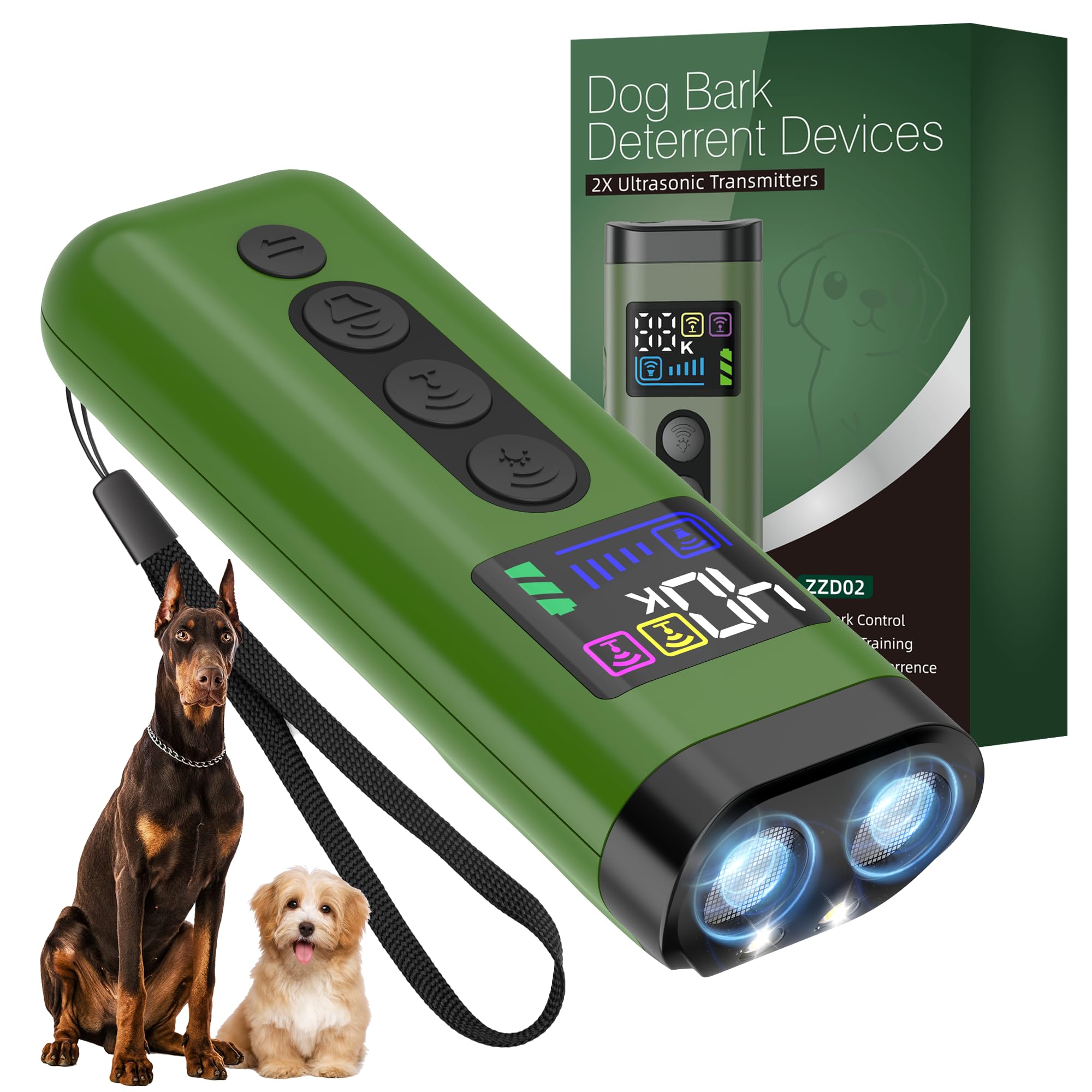 Phzibor dog bark deterrent device shows 65ft range for outdoor training.