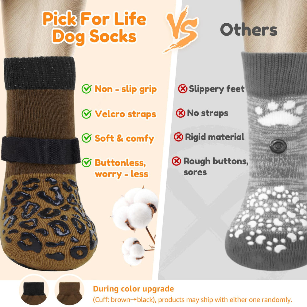 PICK FOR LIFE anti-slip dog socks on hardwood floors showing improved footing