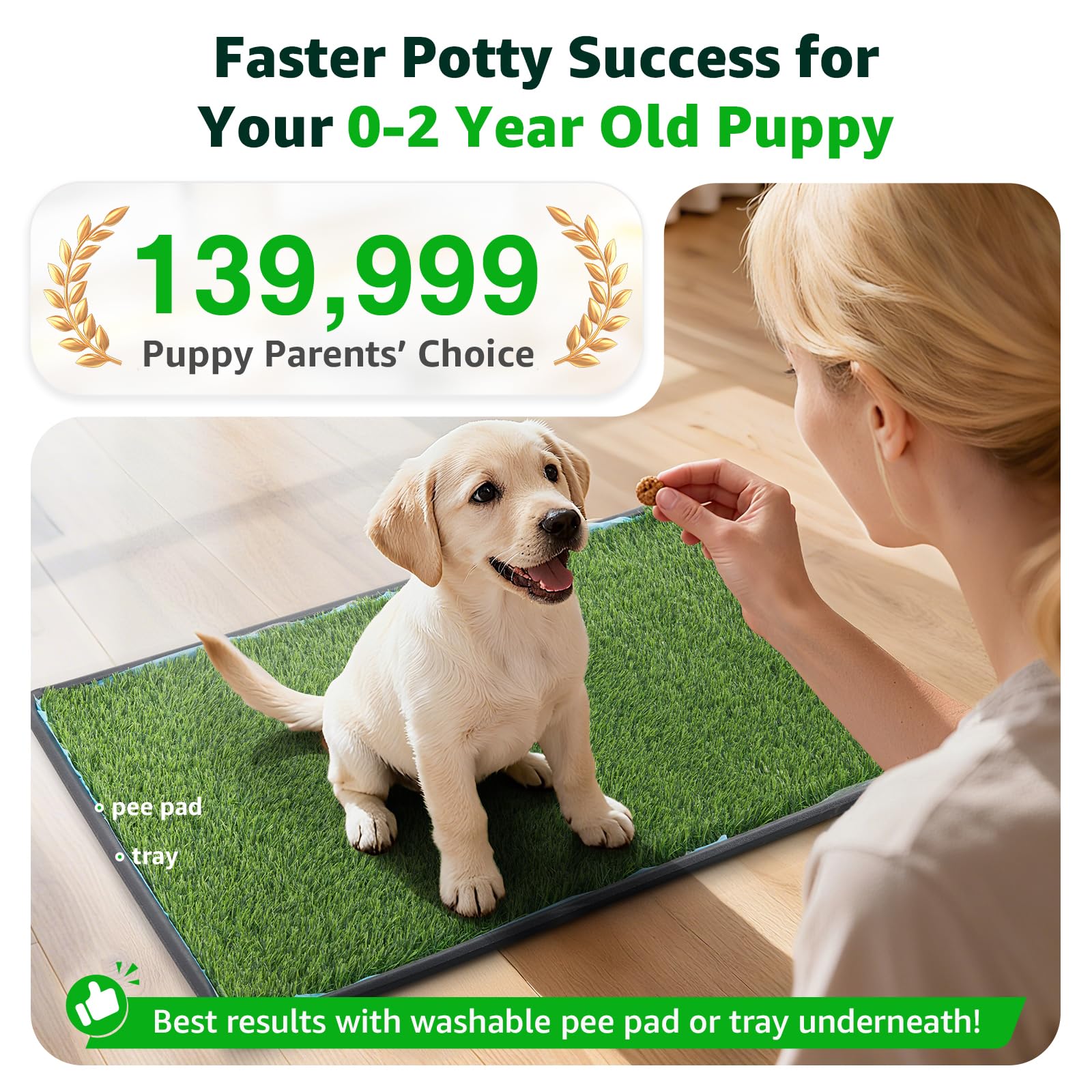 PICK FOR LIFE grass pad wide shot placed in a home to fit small spaces.