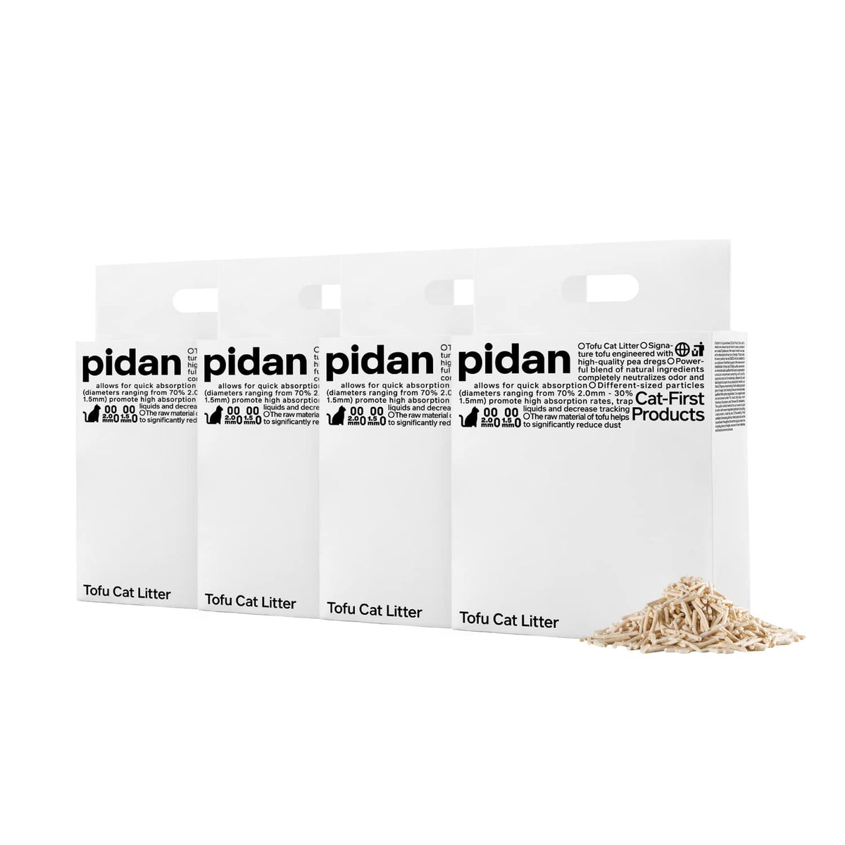 Pidan tofu cat litter bag packaging shows a four-pack for convenient long-term use and storage.
