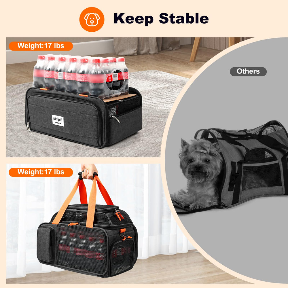 Pidipiti expandable pet carrier underseat-fit demonstrates airline-size compatibility.