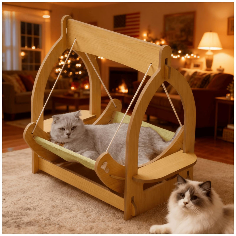 Piegricdiat 2-in-1 wooden cat hammock frame ready for cozy lounging.