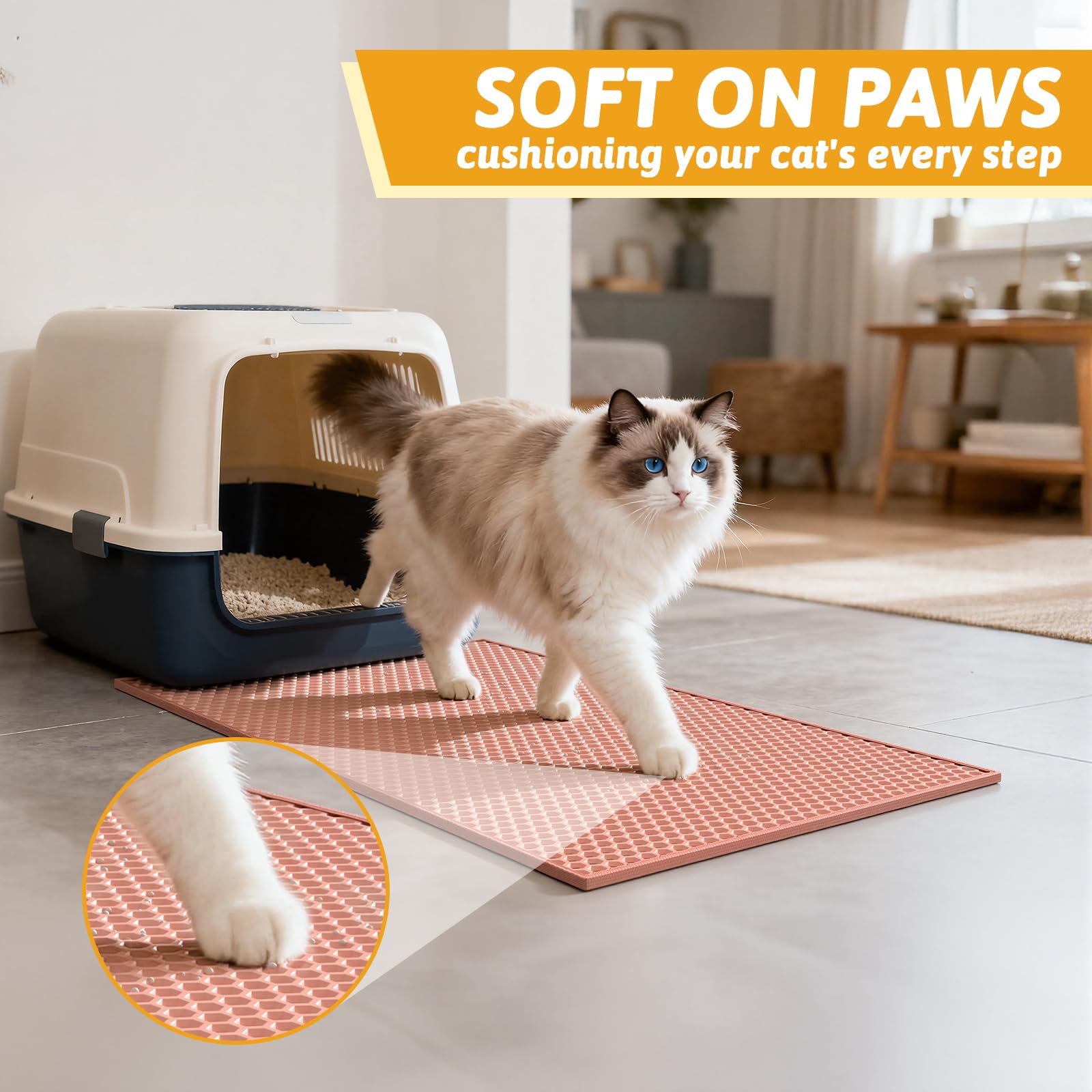 Pieviev Cat Litter Mat honeycomb top-down view captures litter types efficiently.