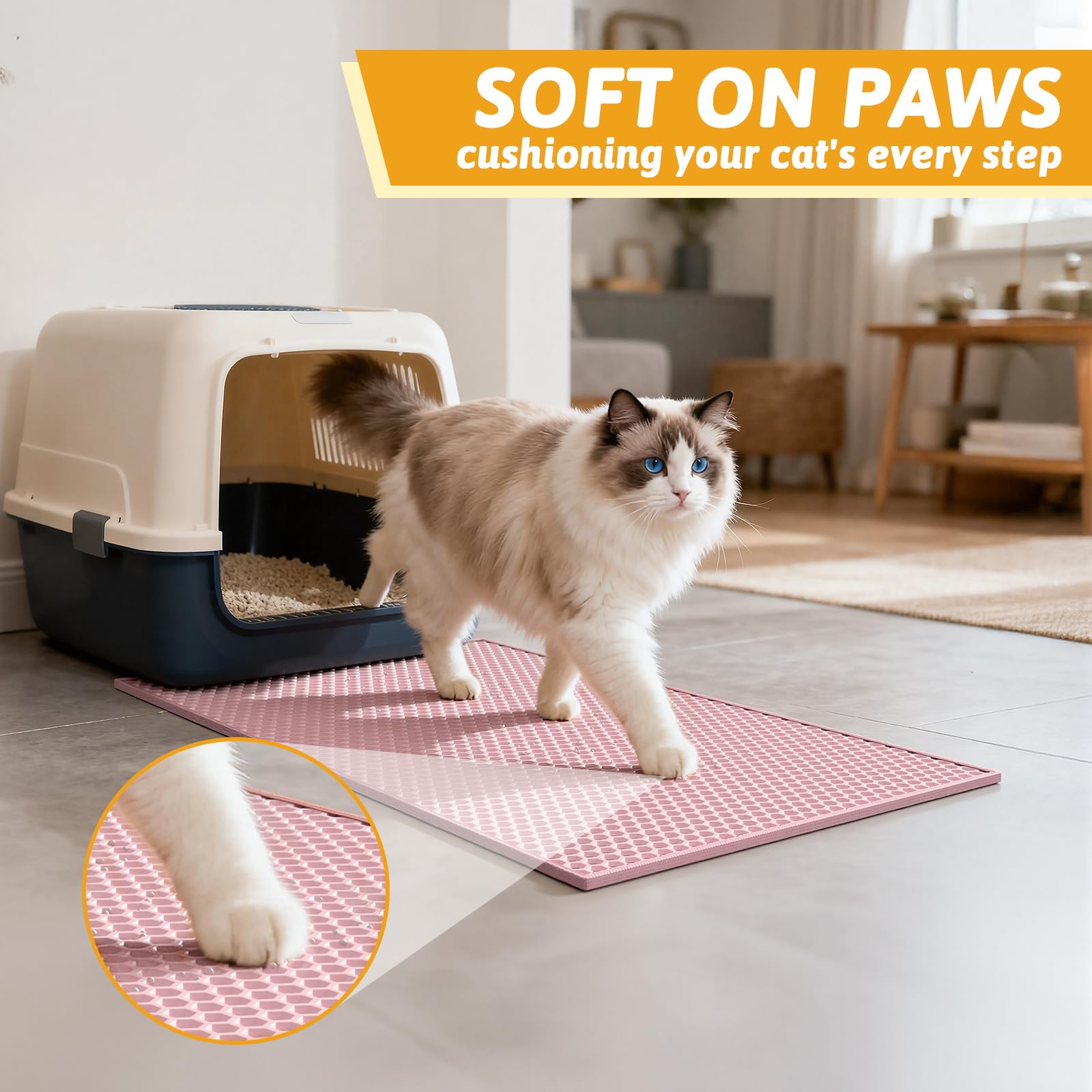 Pieviev cat litter mat slip-resistant base stays in place during use.