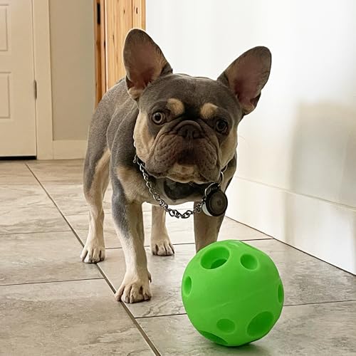 Piggy Poo and Crew large treat ball green close-up dispensing treats for rewarding interactive fun.