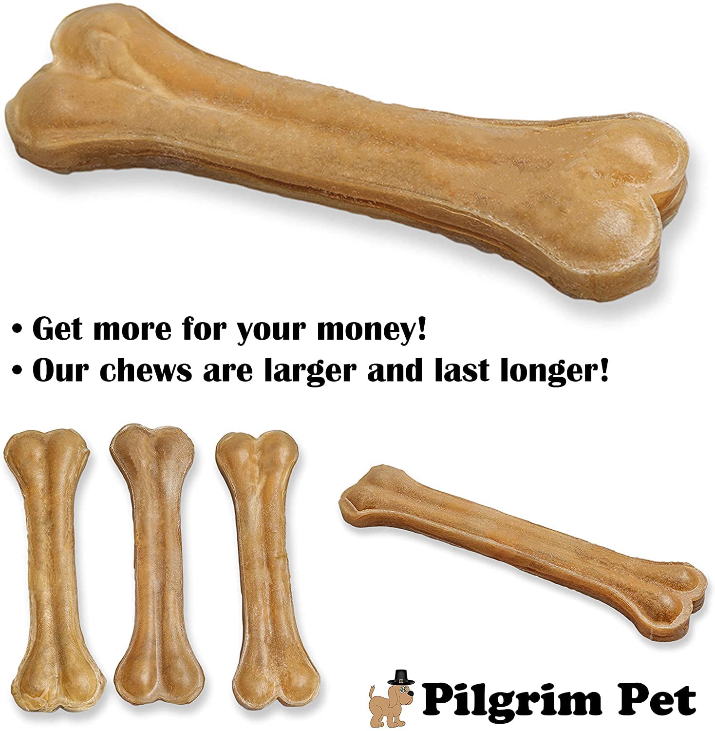 Pilgrim Pet safe, digestible rawhide bone designed not to swell when wet.