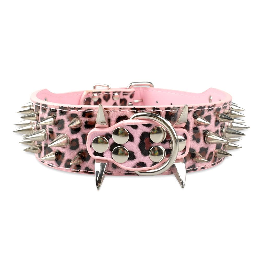 Pimaodog sharp spiked collar leopard closeup with faux leather and studs