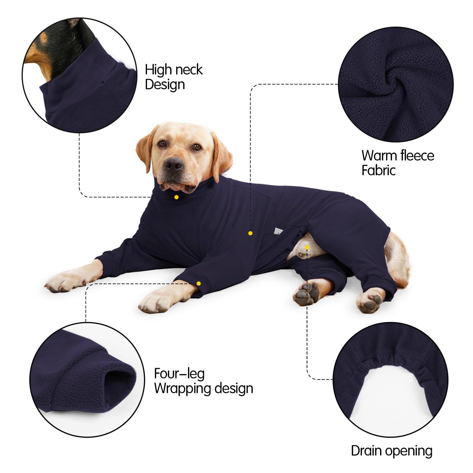 Pinellia fleece dog sweater worn on a dog demonstrates full-body coverage and fit.