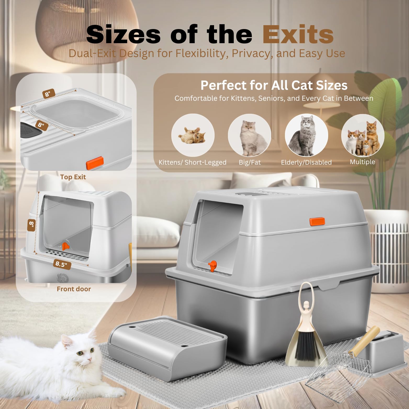 PINENEST includes shovel and stand for efficient litter box maintenance.