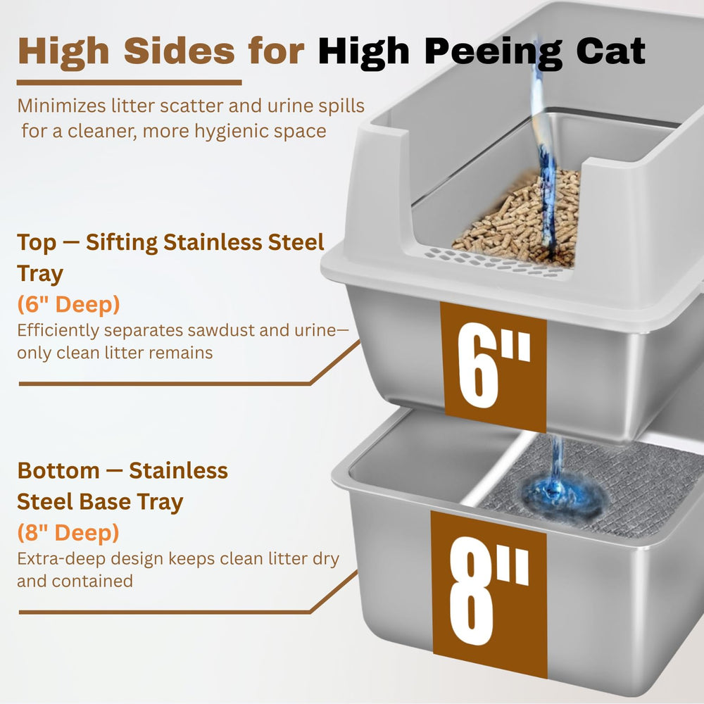 PINENEST stainless steel sifting pan makes litter changes quick and tidy.