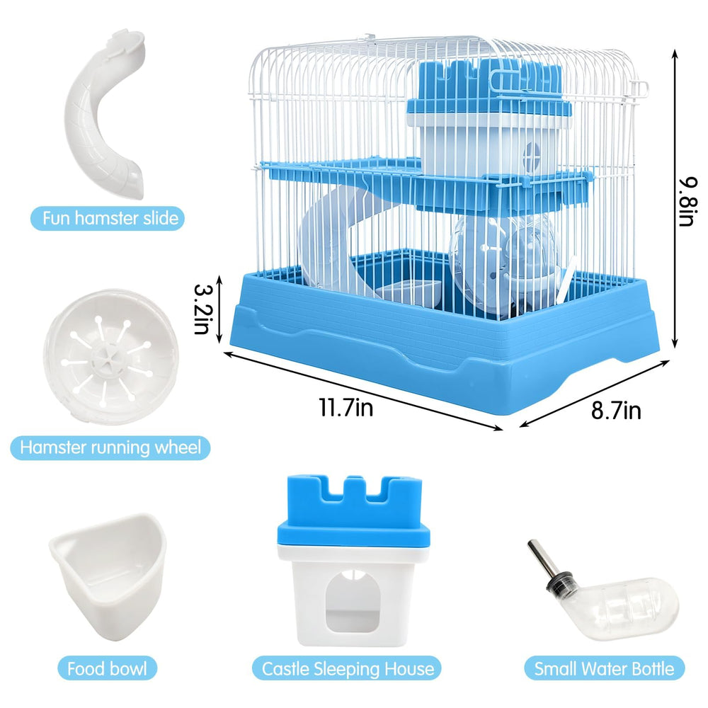 PINVNBY 2-tier hamster cage blue carrying-handle close-up highlights easy transport.