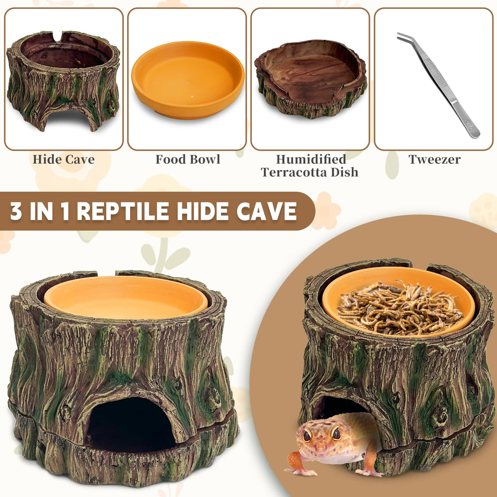 PINVNBY leopard gecko hide 3 in 1 shelter and food dish keeps feeding simple.