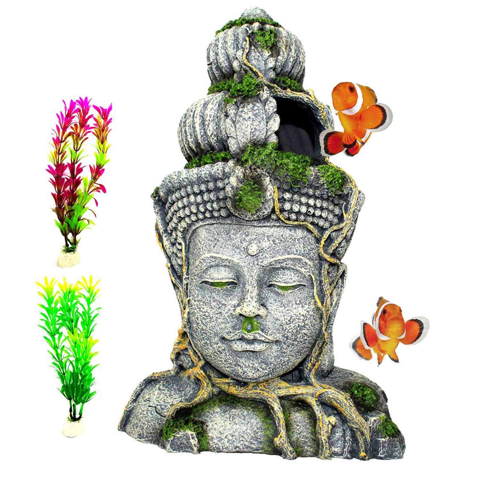 PINVNBY aquarium Buddha head statue decor in tank with safe hiding space for small fish.