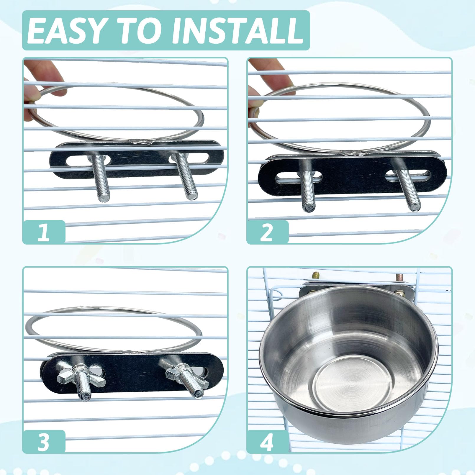 PINVNBY bird bowl mounted outside cage illustrates easy access for pets.