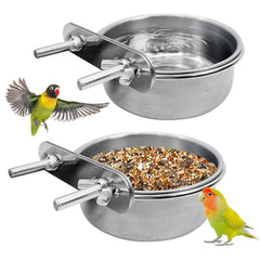 PINVNBY stainless steel bird bowl set shown for durable cage feeding.
