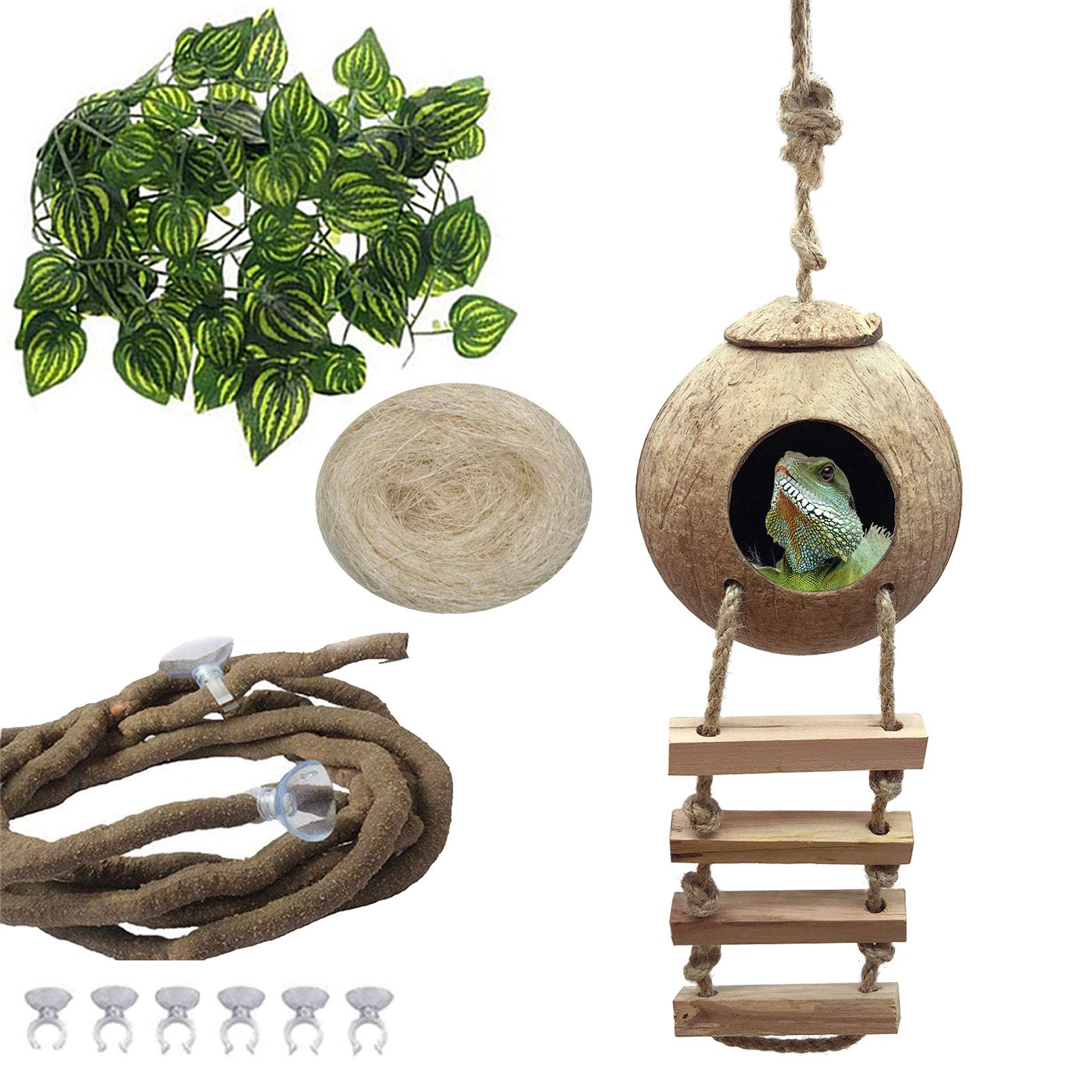 PINVNBY Crested Gecko Coco Hut with Ladder front view shows natural texture for terrarium enrichment