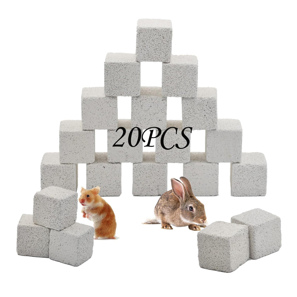 PINVNBY lava blocks 20-pack packaging with natural calcium chewing stones for rodents' dental health.