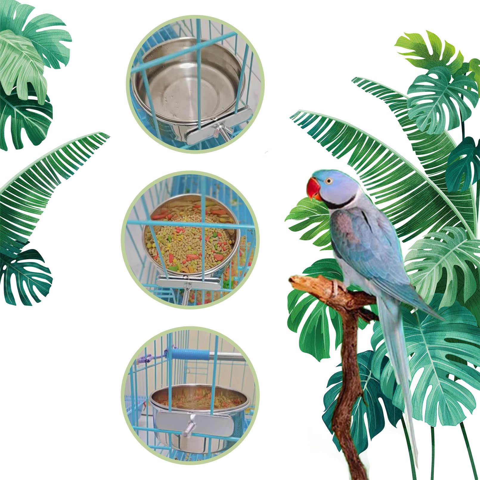 PINVNBY six-piece cage feeding set shows complete feeding and toy system