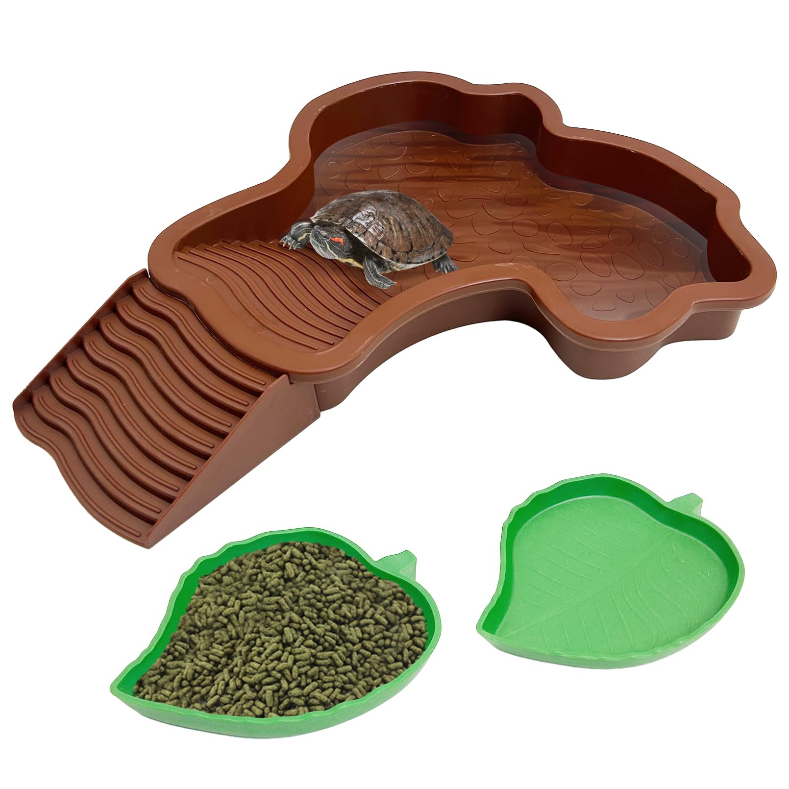 PINVNBY tortoise-water-dish-removable-ramp enables easy access and safe soaking.