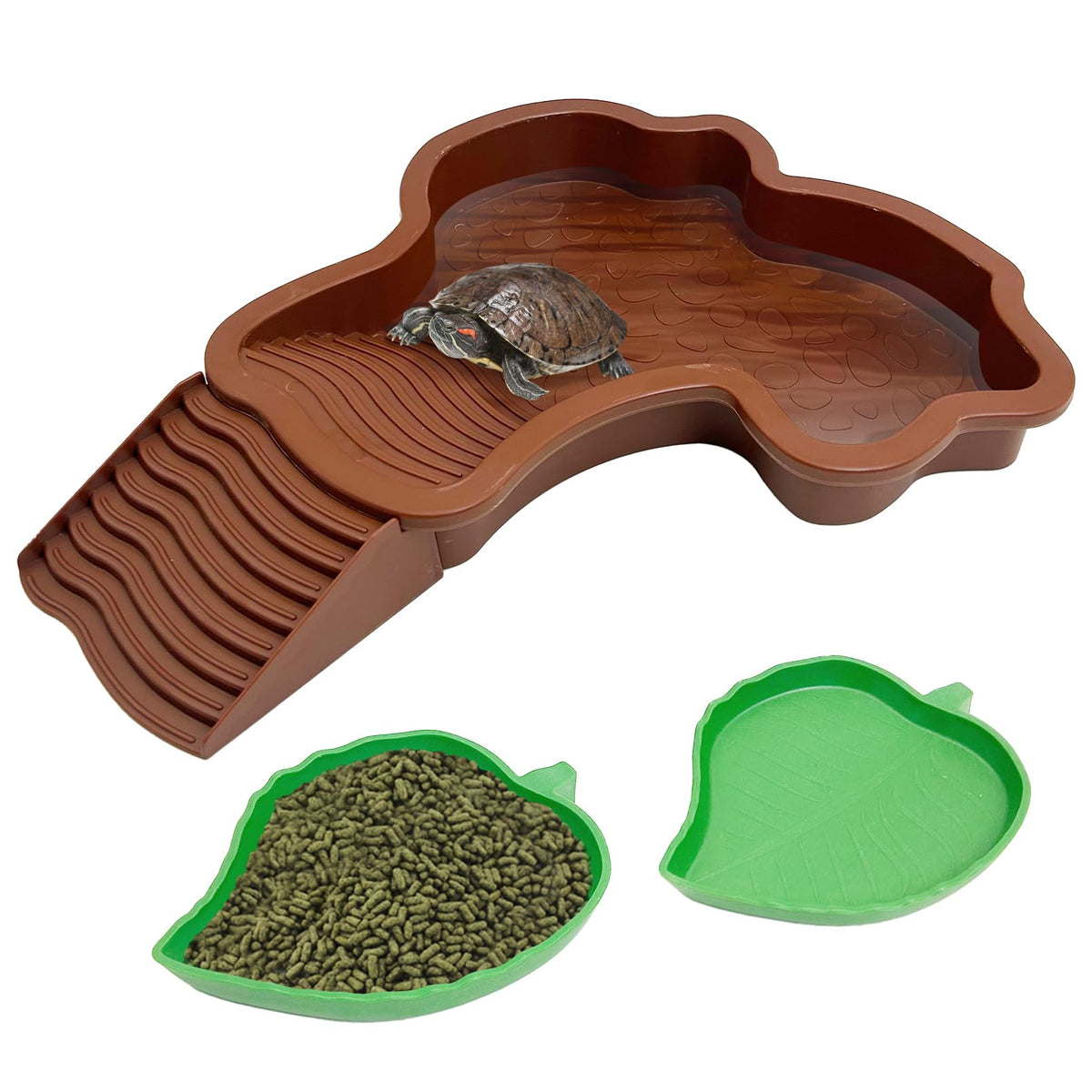 PINVNBY tortoise-water-dish-removable-ramp enables easy access and safe soaking.