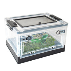 PINVNBY plastic reptile feeding box front view showing portable transport with safety lock