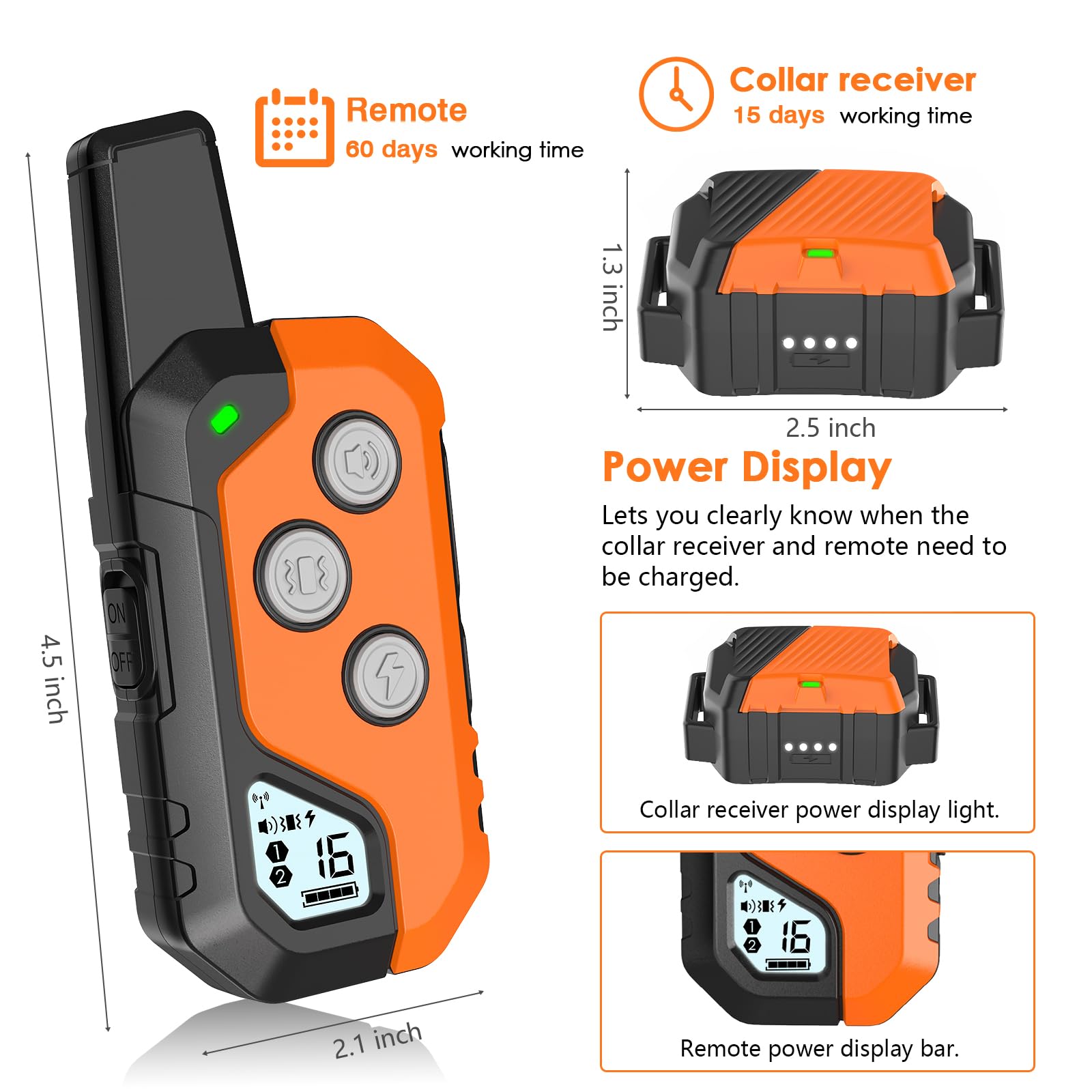 PIOUNS shock collar battery display shows charge status for sessions