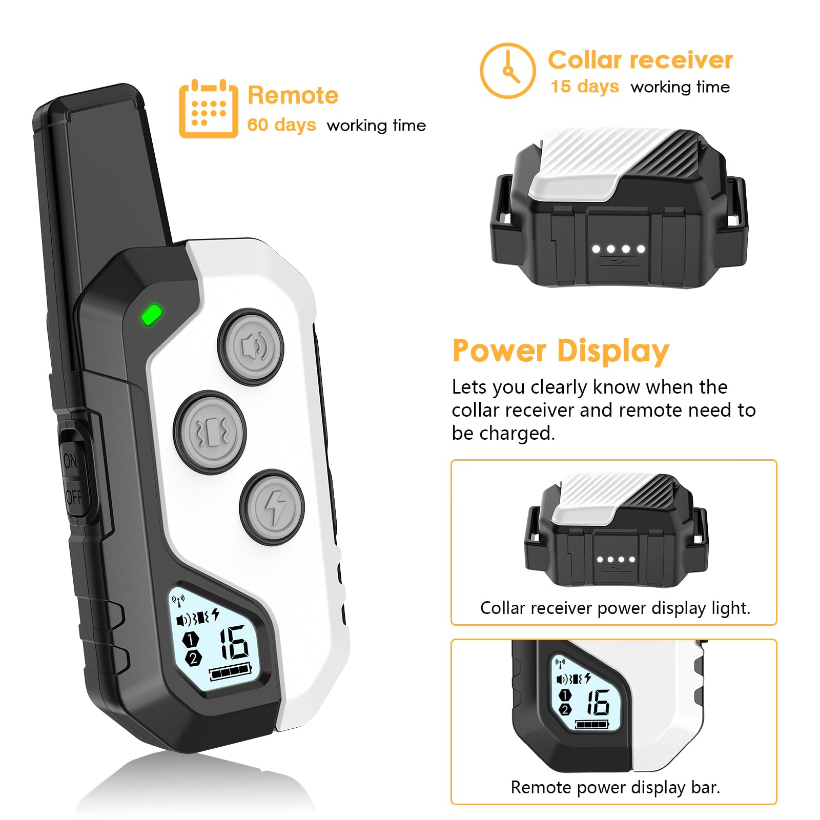 PIOUNS shock collar training modes Beep, Vibration, Static for versatile training.