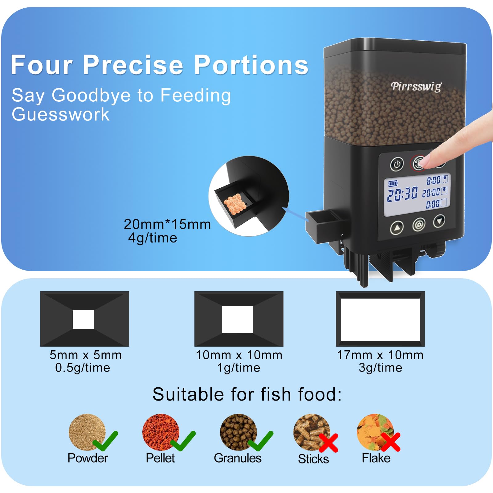 Pirrsswig LCD display makes scheduling meals easy and precise.