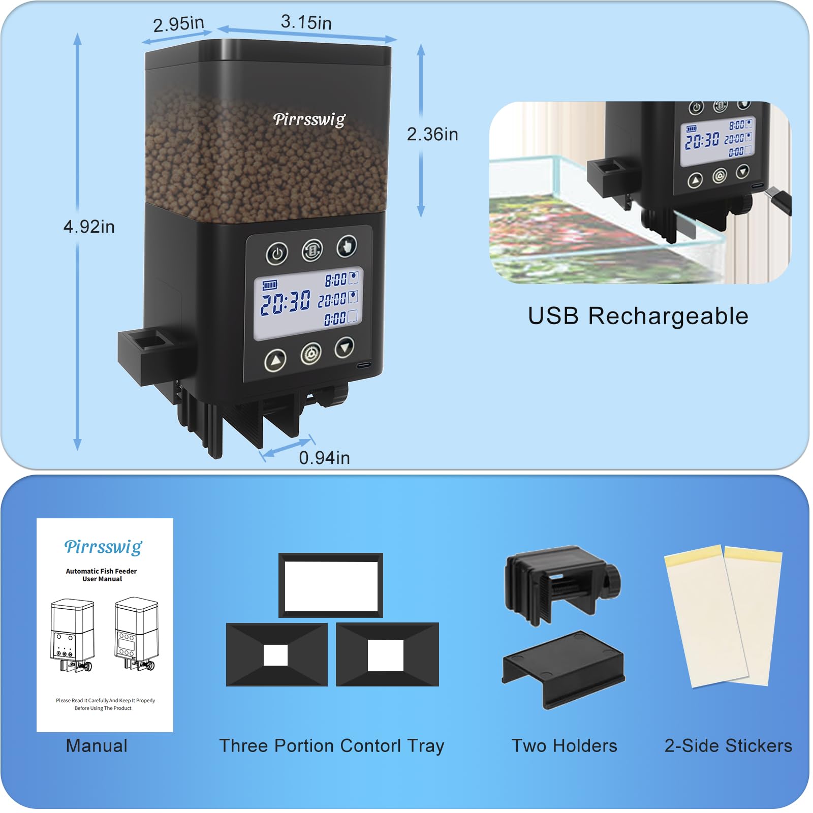 Pirrsswig USB rechargeable battery with Type-C cable included for easy charging.