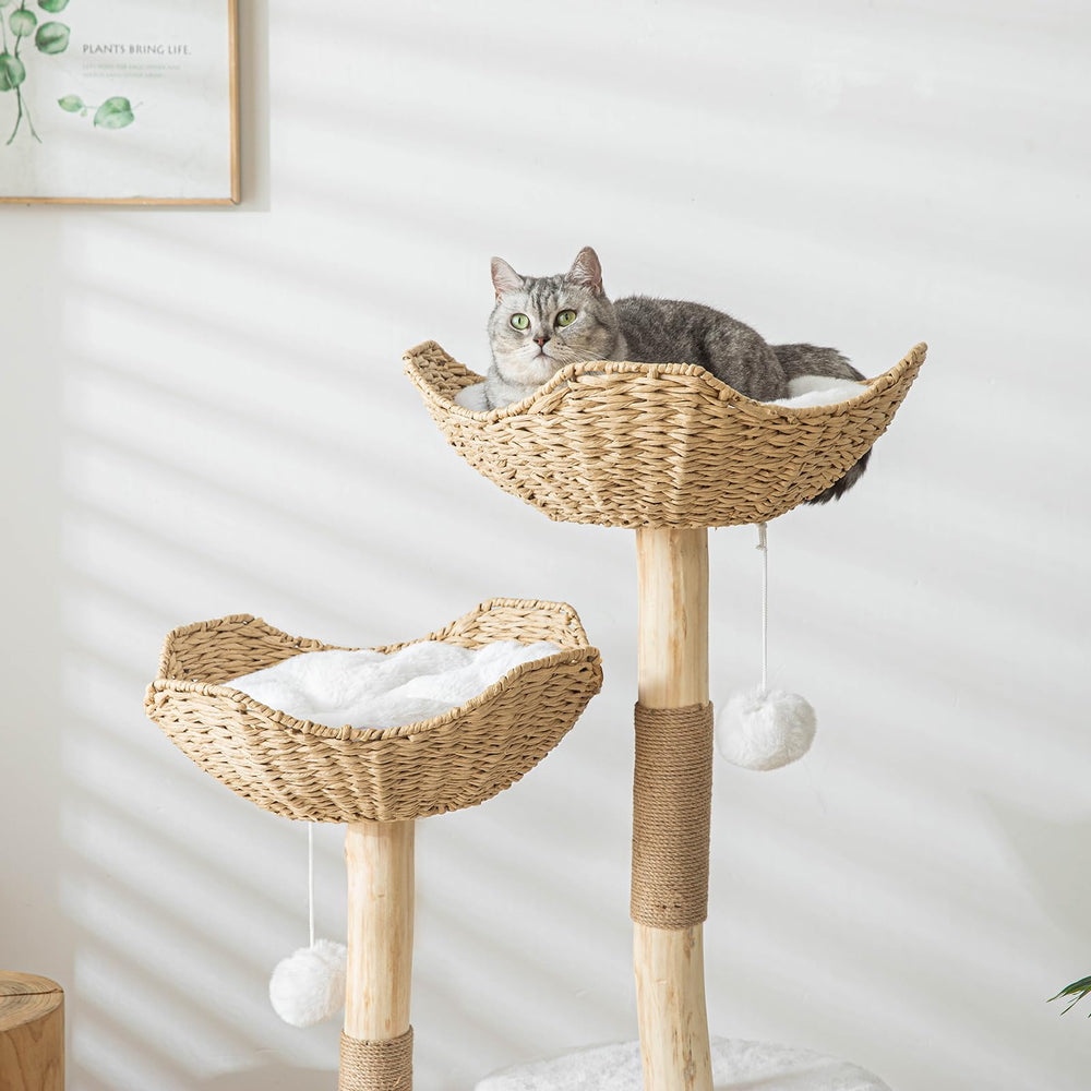 PISARRY cat tree with hanging baskets and cushions offers cozy resting spots