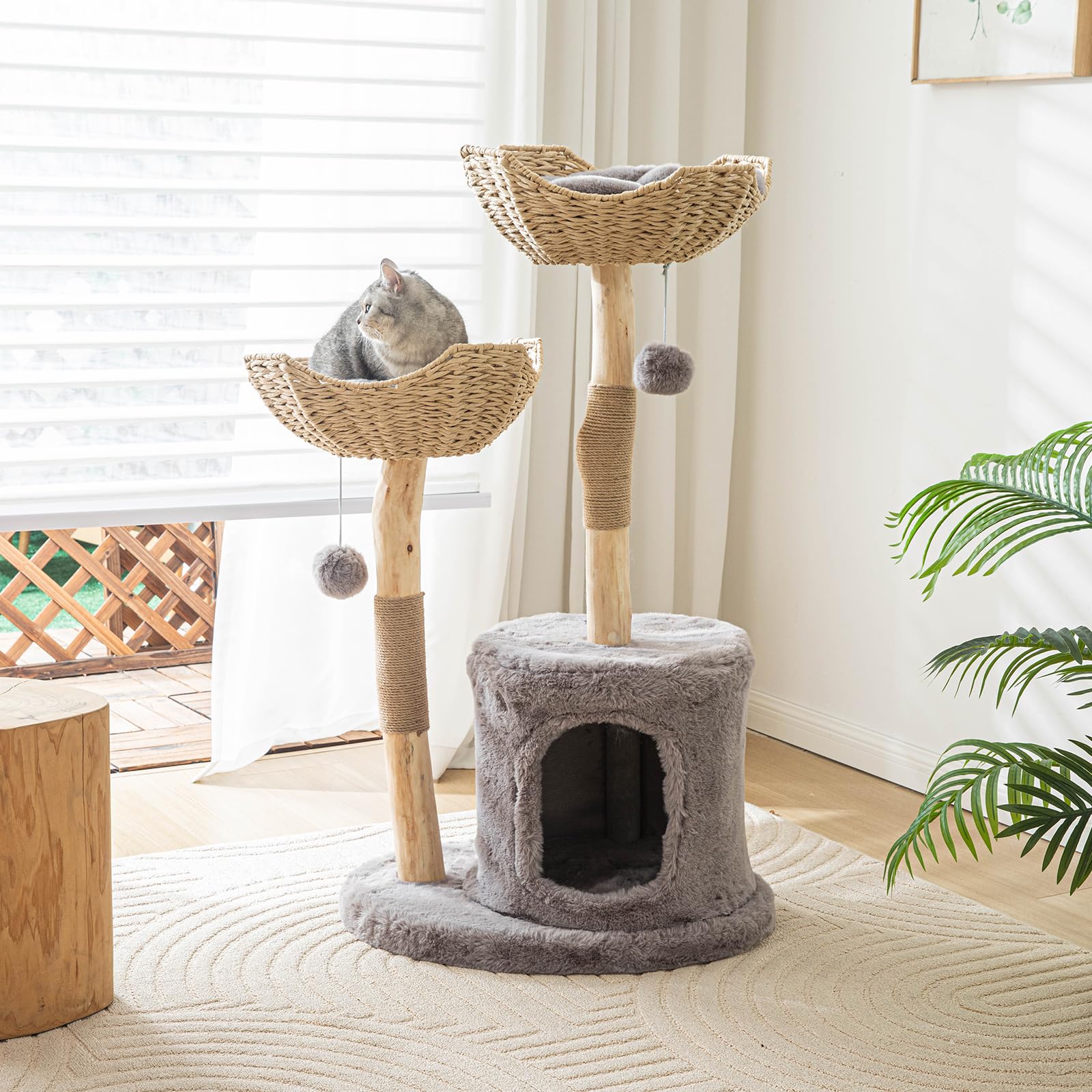 PISARRY Cat Tree Tower with solid wood base offers stable climbing for indoor cats.